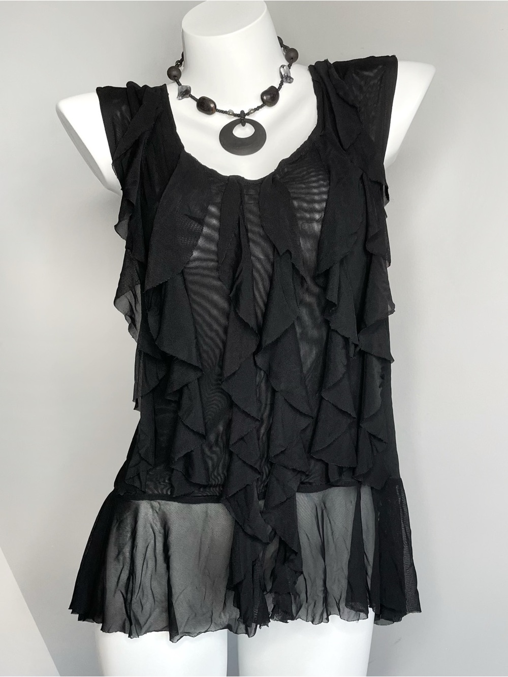 Black Ruffled Sheer Sleeveless Top